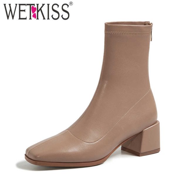 

wetkiss ladies stretch ankle boots woman square toe hoof med heels booties female zip shoes women slim ankle solid boot 210630, Black