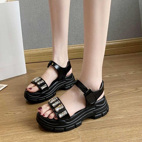 

sandals women's shiny crystal beach platform silver ankle strap chunky sport women non slip summer shoes woman, Black