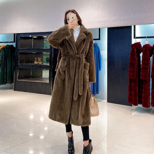 

women's fur & faux imported purple mink long coats real whole thick warm jacket turn down collar overcoat winter outwear plus size, Black