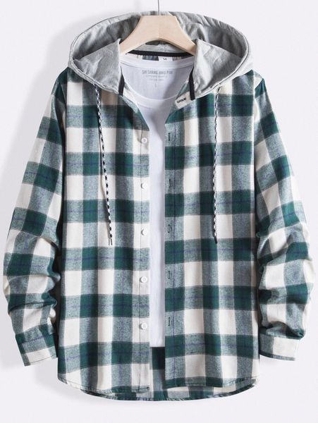

men plaid drawstring hooded shirt f2av#, White;black