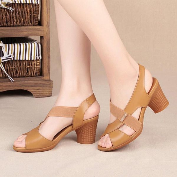 

women sandals open toe thick waterproof platform high square heel wild fish mouth slip-on pu leather brown black