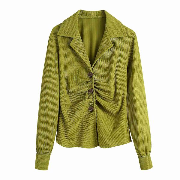 

elegant women solid pleated vintage single breasted shirt za spring autumn notched collar office lady streetwear chic 210521, White