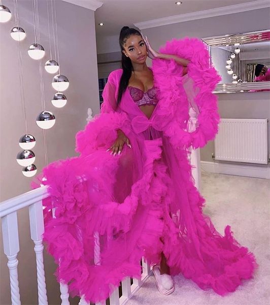 Mais novo fúcsia rosa babados longos vestidos grávidas mulheres robe ver através de uma linha inchado tule vestido de noite maternidade photoshoot vestido