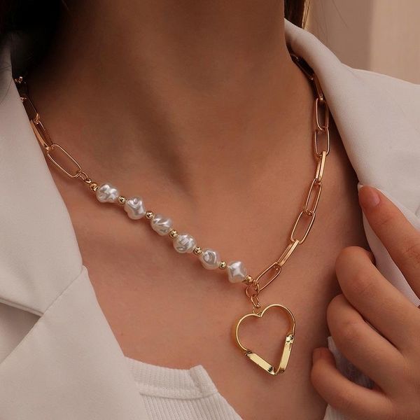 

chains fashion metal geometric necklaces womens vintage natural pearl joining together alloy love pendant jewelry for girls, Silver