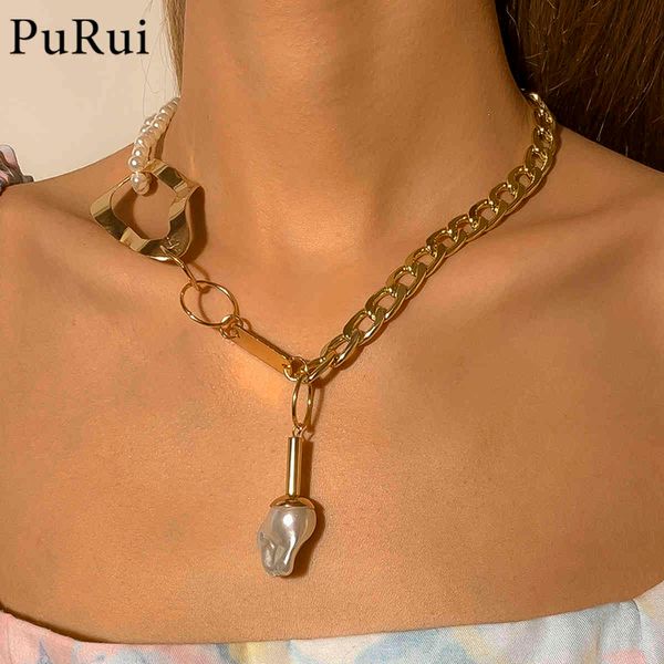 

unique chunky thick chain neckalce big baroque pendant necklace exaggerated geometric pearl bead choker neck jewelry women, Silver