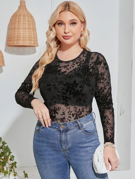 

plus floral mesh bodysuit without lingerie k5pt#, Black