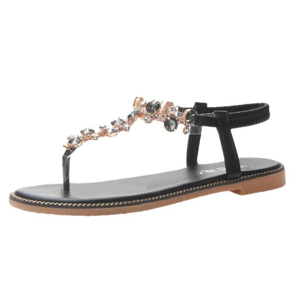 

slippers women thong sandals t-type open toe rhinestone flat bottom roman slip-on crystal female style slides size #3, Black