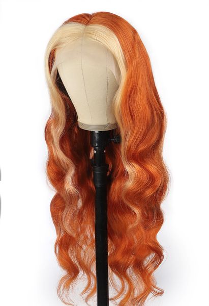 

allove body wave 30inch transparent hd human hair lace front wigs 13x1 t part blonde ginger orange ombre color 613 straight for women, Black;brown