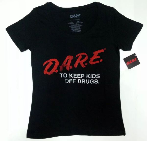 

D.A.R.E. "DARE" TO KEEP KIDS OF DRUGS Women's Girls Scoop Neck T-Shirt NWT, White;black
