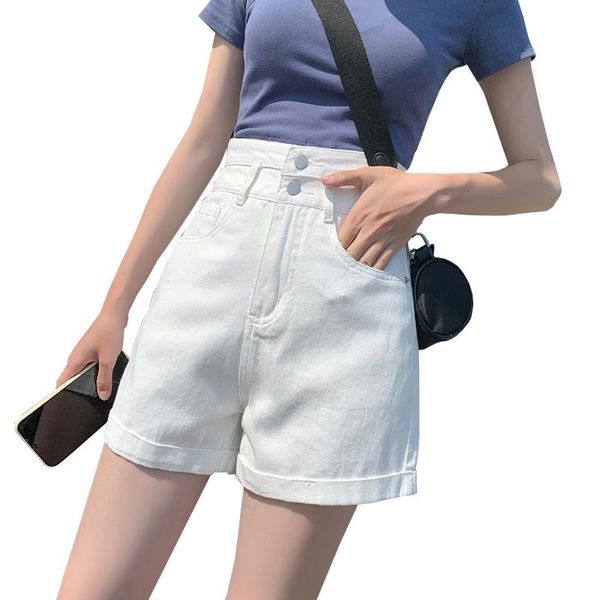 

women's jeans 2021 summer high waist loose double button tummy cuff white pants jean shorts, Blue