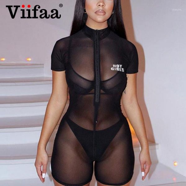 

women's jumpsuits & rompers viifaa transparent mesh romper women stand collar adjustment zipper front streetwear girls party playsuit1, Black;white
