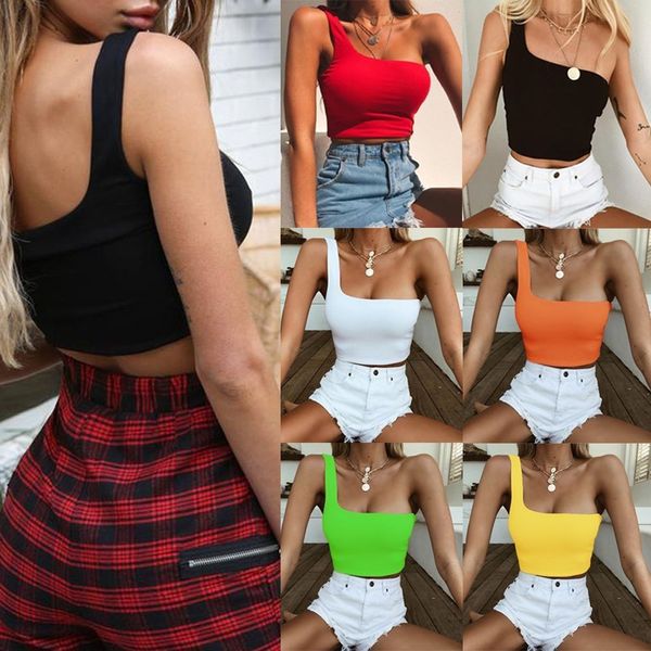 Frauen Sexy Coole Einzelne Schulter Tank Tops Weste Bauchfrei SleevelT-Shirt Casual Sommer Strand Crop Top Hemd X0507