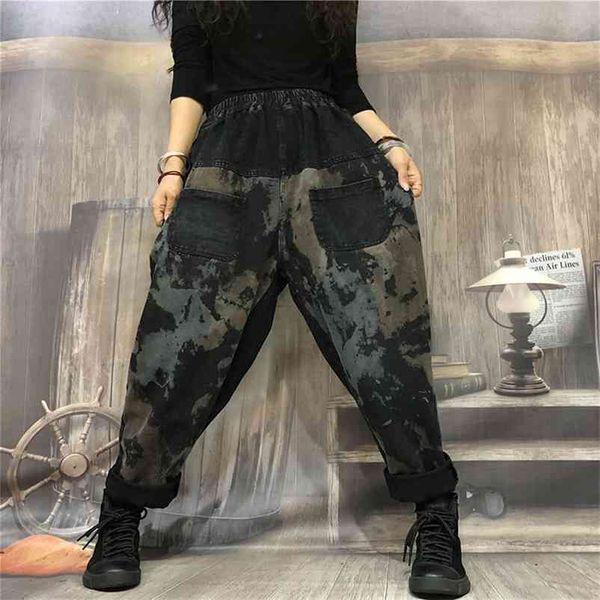 Outono Artes Estilo Mulheres Cintura Elástica Solta Calça Jeans Splice Vintage Impressão de Algodão Denim Harem Calças Feminina S264 210629