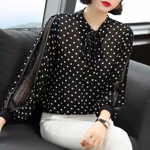 

2021 bowknot lantern long sleeve blouse polka dot shirt loose and thin fashion casual shirt, White