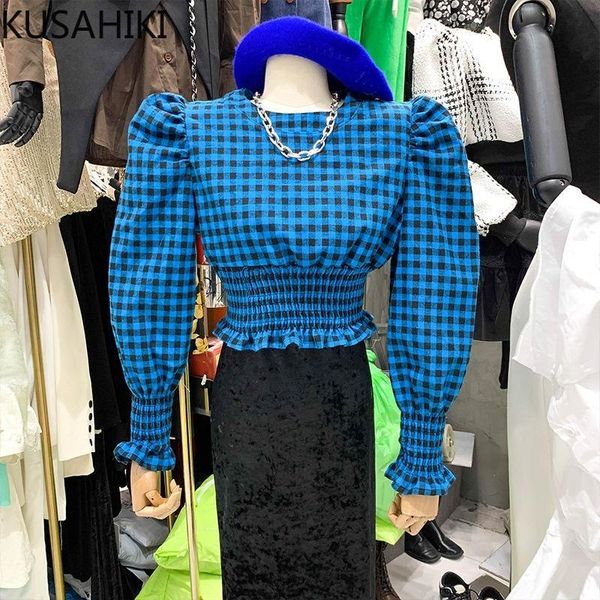 

women's blouses & shirts kusahiki 2021 autumn plaid blouse korean puff sleeve o-neck woman shirt elegant slim waist short blusas mujer, White