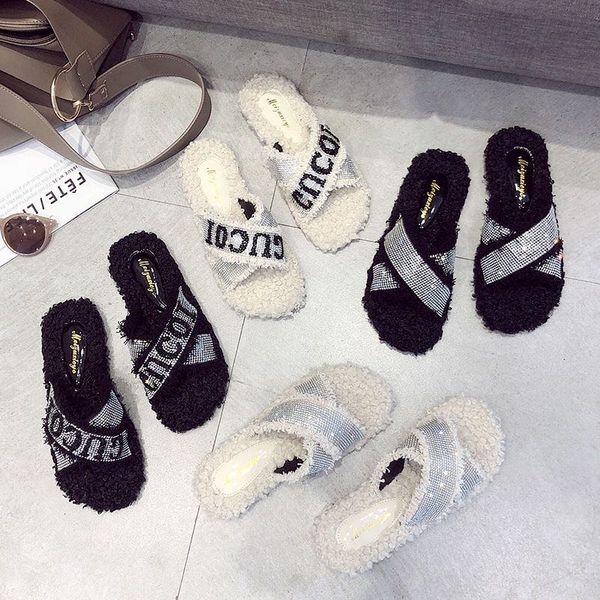 

net red wool slippers 2021 autumn and winter female outer wear fashion all-match with diamond flat bottom cross-word drag tide, Black