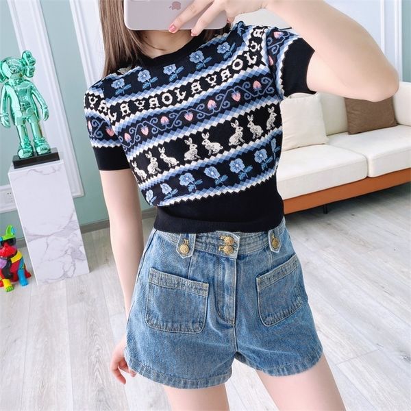 

jr zhuojia 2021 round neck short sleeve pullover sweater rabbit jacquard slim fit blouse women, White