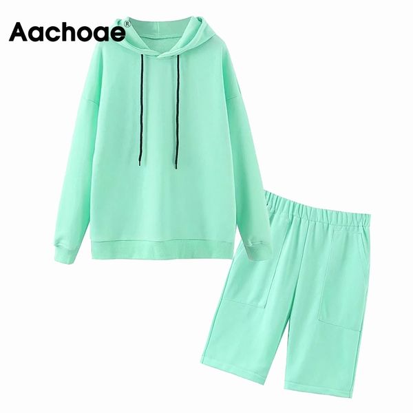 

aachoae solid color 2 piece set women casual hooded sweatshirt with fashion baggy half pants two piece set and pants 210413, White