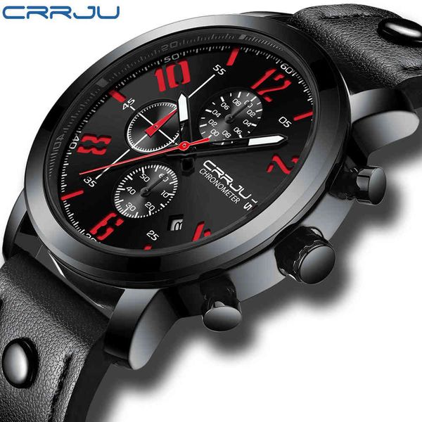 

crrju mens watches brand luxury quartz black watch men casual leather military waterproof sport wristwatch relogio masculino 210517, Slivery;brown