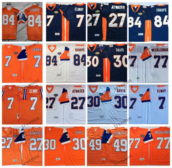 Vintage 7 John Elway 27 Steve Atwater Football Jerseys 30 Terrell Davis 77 Karl Mecklenburg 84 Shannon Sharpe 49 Dennis Smith Costurado Camisas 75th 1994 Mens Jersey