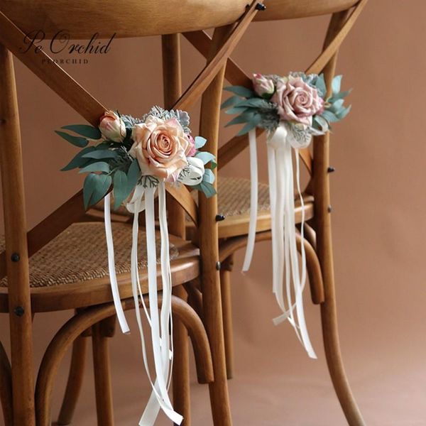 

wedding flowers peorchid artificial rose chair back flower eucalyptus champagne pink rustic car decoration bridal bouquet accessories