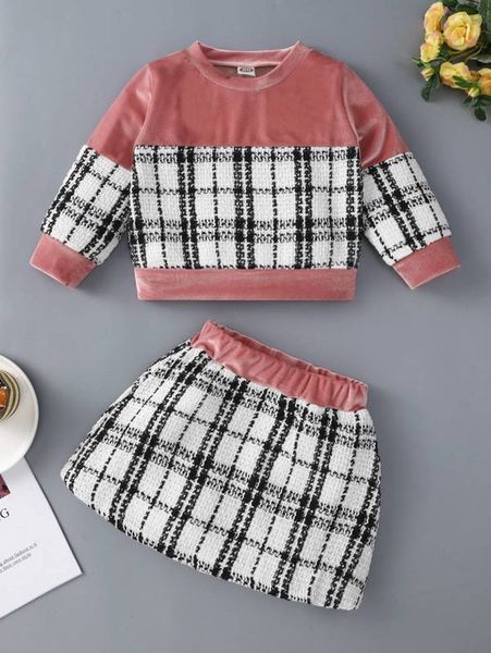 

baby girl tweed plaid sweatshirt with skirt she, White