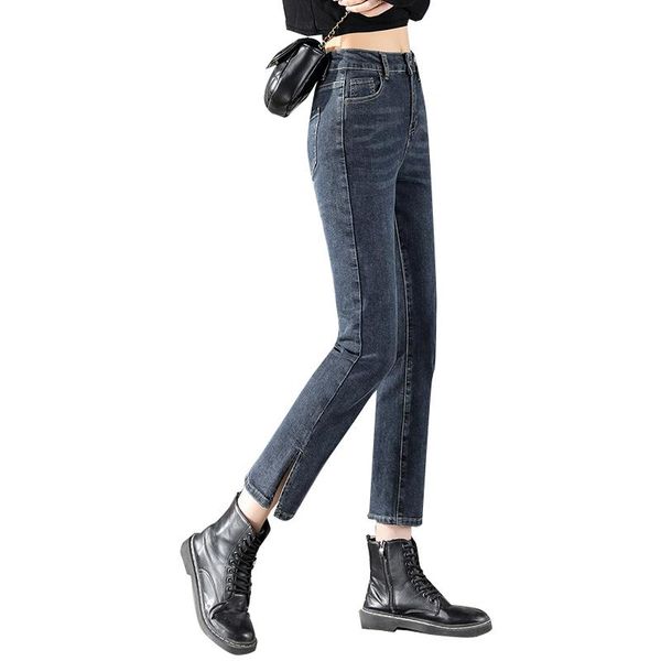 

lady cropped trousers vintage casual jeans, high-elastic high-waisted slim fit solid color buttons zipper denim pants women's jeans, Blue
