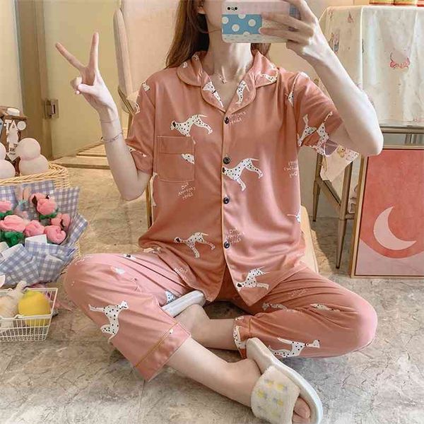 Venda Mulheres Casa Desgaste Primavera Verão Mangas Curtas Mulheres Pijamas Conjunto Longo Pant Pajamas Define Cotton Lazer Sleepwear Set 210831