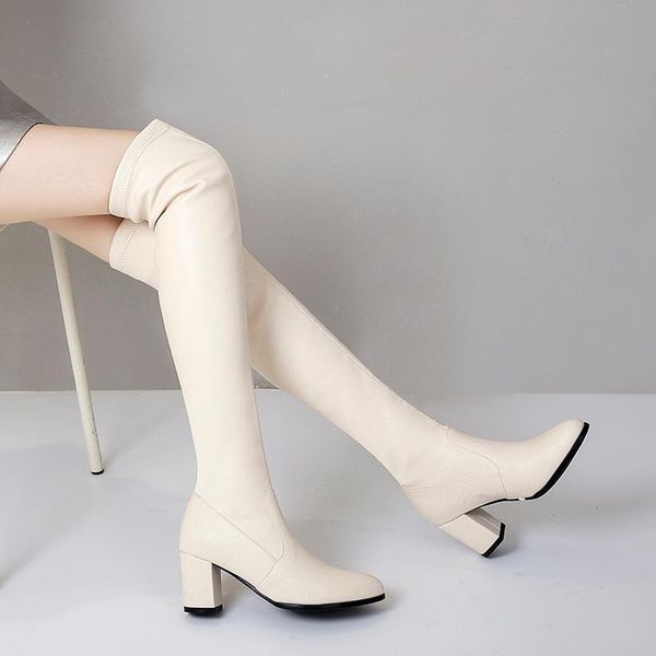 

boots 2021 winter women faux leather slip on knee high fashion pointed toe thick heel autumn shoes woman 34 37 38, Black