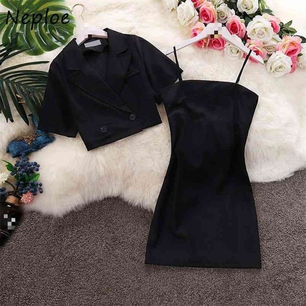 

neploe summer 2 piece set temperament suit collar short sleeve buttons crop coat +sling hip slim dress fashion suits 210730, White