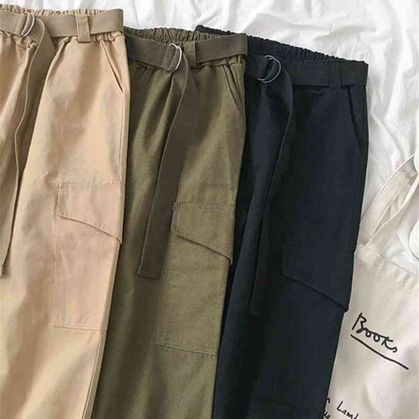 

korobov new arrival women trousers korean loose casual high waist sashes cargo pants streetwear pockets wide leg pants 210430, Black;white