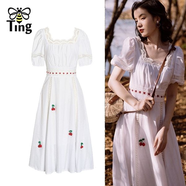

summer lady white mori girl dress vintage elegant cherry appliques a line boho chic vestidos elbise retro 210513, Black;gray