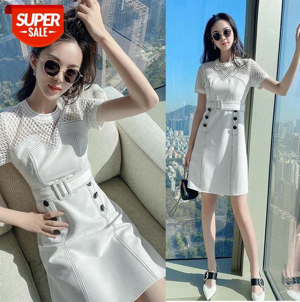 

small white hollow dress french round neck stitching hepburn waist skirt #gl50, Black;gray