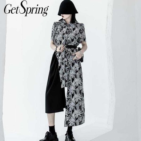

getspring women dress asymmetry patchwork long summer dresses irregular color matching printing shirt 210601, Black;gray