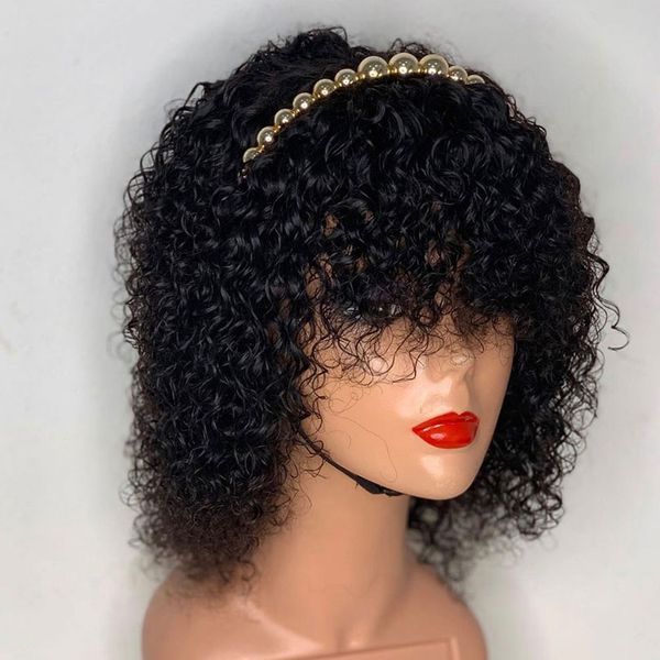 

wig with bangs full machine made scalp base wigs remy brazilian curly hair for women, Black