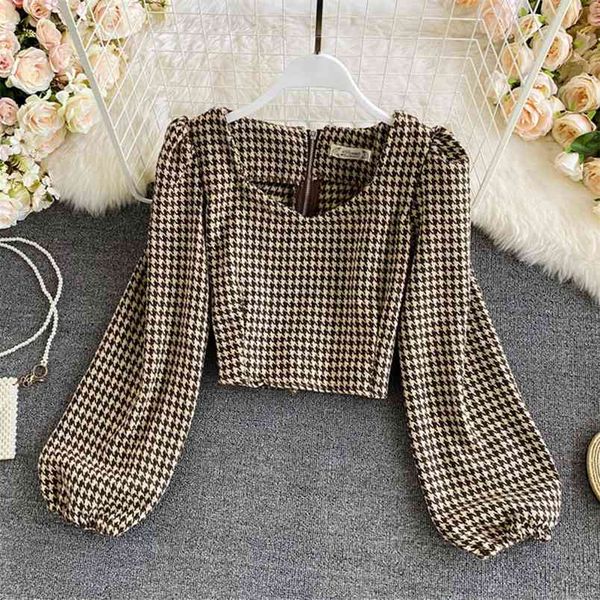 Herbst Winter Stil Retro Plaid V-Ausschnitt Wollhemd Damenmode Slim Short All-Match Puff Sleeve Top UK441 210506