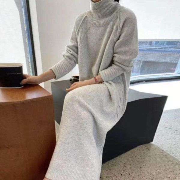 

casual dresses [ewq]2021 winter jumper female loose turtle neck solid color long sleeve over knee minimalist knitting sweater dress8q248, Black;gray