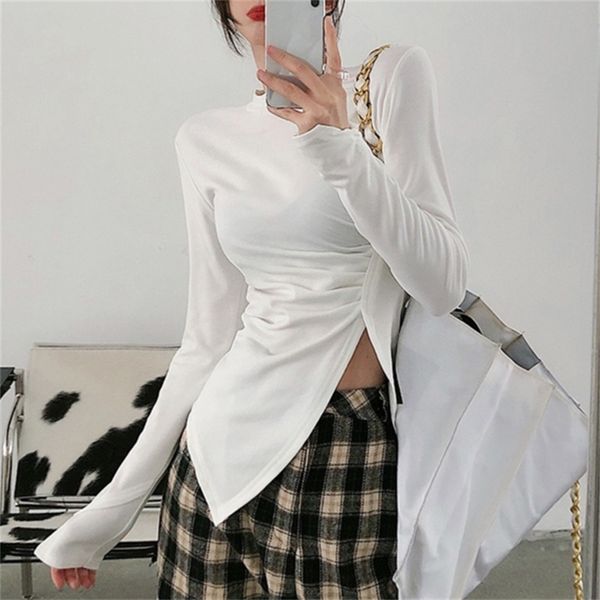 T-shirt Camicia da donna a maniche lunghe bianca irregolare per auto-coltivazione nella primavera del corsetto in stile straniero 210529