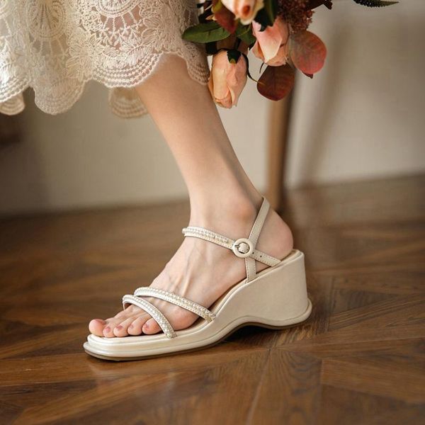

sandals women white pearl adjustable ankle strap espadrilles genuine leather high heel summer platform comfort wedge shoes, Black