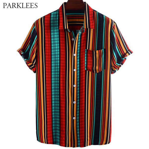

retro striped summer shirts for men small plaid patchwork mens short sleeve shirt with pocket casual button up hommes chemises 210524, White;black