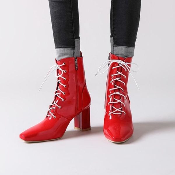 

women's red ankle boots women med heels shoes woman thick short female leather zipper booties plus size 45, Black