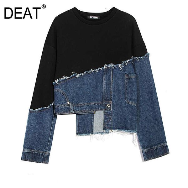 

deat spring fashion women clothes loose o-neck denim patchwork pullover asymmetrical sweatshirt female wk07405m 210428, Black