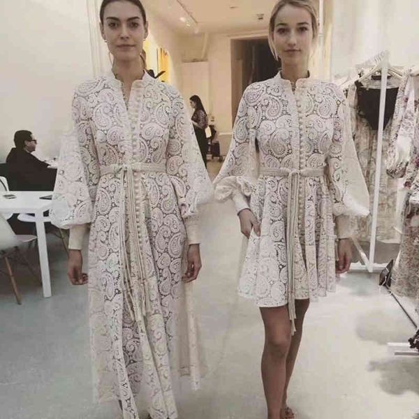 

casual dresses 2021 autumn runway long women single-breasted lantern sleeves hollow embroidered lace sashes qzku, Black;gray