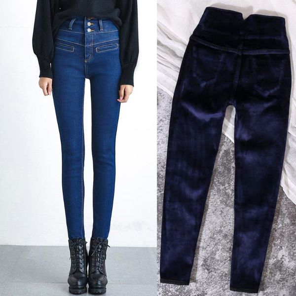 

women's jeans mom's thickening warm high waisted winter vintage plus size trousers women cashmere slim waist skinny denim pants, Blue