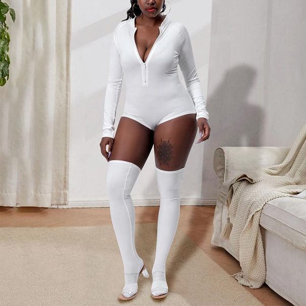

women's tracksuits women wrapped romper long sleeve lapel zipper solid color casual street party bodysuit + knee socks, Gray