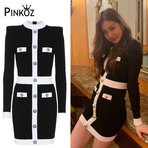 

knitted sweater dress for women autumn winter with buttons elegant office lady slim bodycon party mini es 210421, White