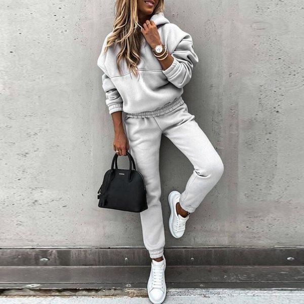 

women's two piece pants tracksuit casual fleece sets oversized hooded long sleeve female hoodie suit 2021 winter sportwear ladies set, White