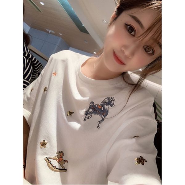 

women's knits & tees spring summer loose long shirt women fashion sequins embroidered shirt round neck short sleeve shirts tee shi, White