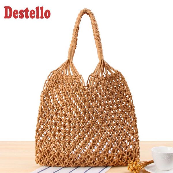

evening bags women's handbags hollow out casual shoulder solid style woven straw bag with handmade cotton rope net beach