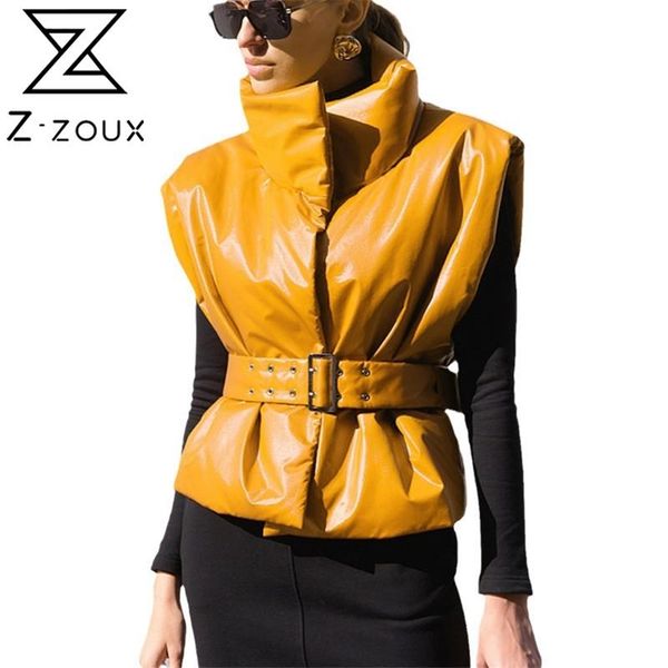 

women vest pu leather coat cotton-padded womens jackets with waistband stand collar waistcoat winter 210513, Black;white